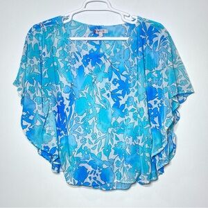 Jennifer Lopez Blouse Women's L Blue Floral Semi Sheer Kimono Sleeves Flowy Top